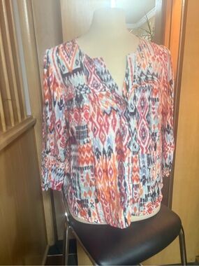 TRIBAL- EcoVera Multicolor Geometric Peasant Blouse - Orange, Red, Blue, Cream